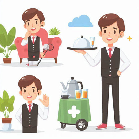 Waiter with a tray of food and drinks. Vector illustration.のイラスト素材