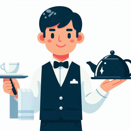 Illustration of a waiter holding a tray with a teapotのイラスト素材