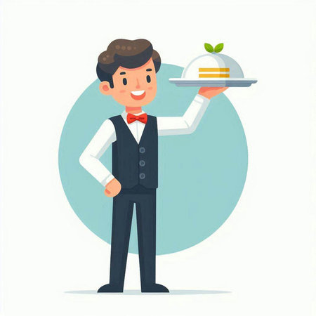 Waiter holding tray with food. Vector illustration in cartoon style.のイラスト素材