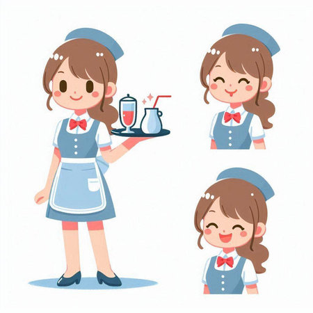 Set of illustrations of a woman in uniform holding a cup of coffeeのイラスト素材