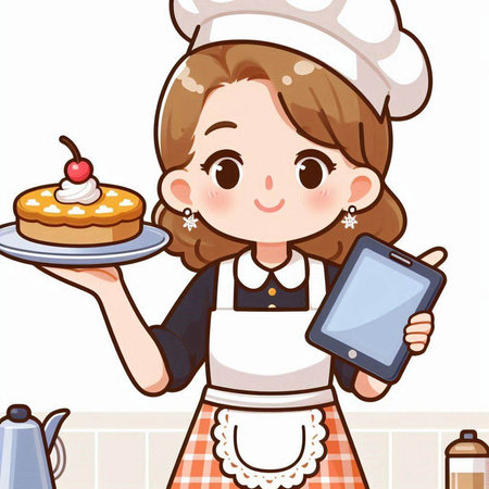 Illustration of a Female Chef Holding a Tray of Cake and a Tablet PCのイラスト素材