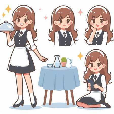 Waitress in uniform with a set of different poses, vector illustrationのイラスト素材