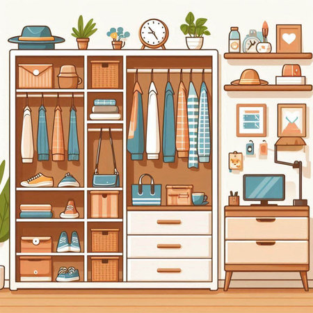 Vector illustration of wardrobe with clothes, shoes and accessories in flat styleのイラスト素材