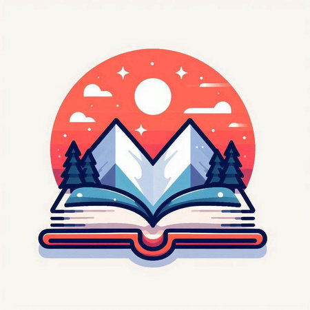 Open book with mountains and forest. Vector illustration in flat style.のイラスト素材