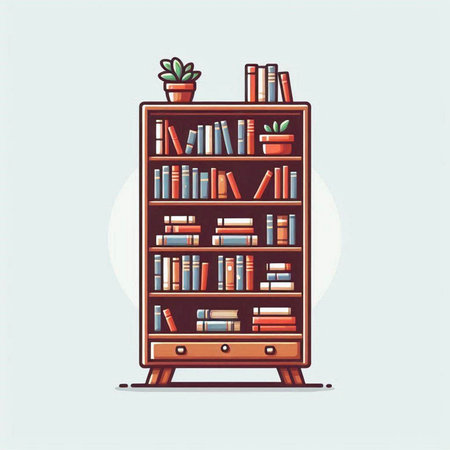 Bookshelf with books and plants. Vector illustration in flat styleのイラスト素材