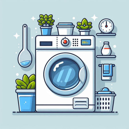 Washing machine. Flat style vector illustration isolated on blue background.のイラスト素材