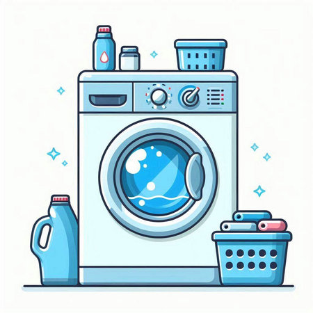 Washing machine and laundry detergent. Vector illustration in cartoon styleのイラスト素材