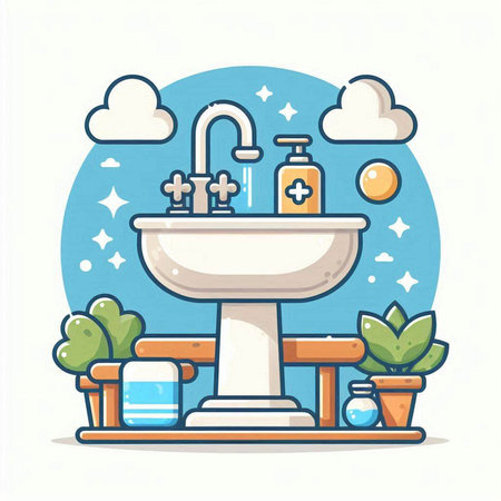 Faucet and washbasin. Vector illustration in flat styleのイラスト素材