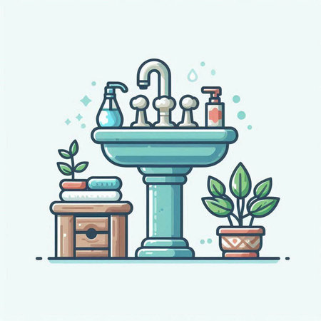Faucet and washbasin, vector illustration in line styleのイラスト素材
