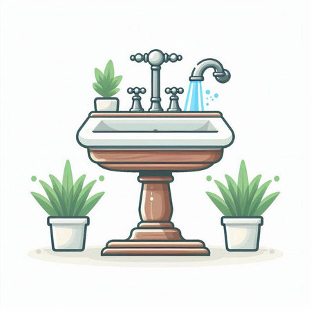 Faucet with water tap and plant in pot. Vector illustration.のイラスト素材