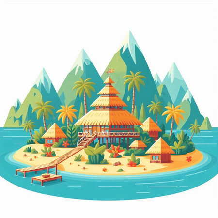 Tropical island with palm trees and bungalows. Vector illustrationのイラスト素材