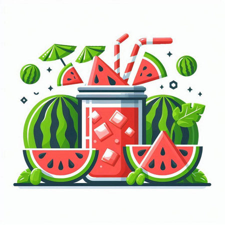Vector illustration of watermelon smoothie in glass jar with straws and slices of watermelon on white background.のイラスト素材