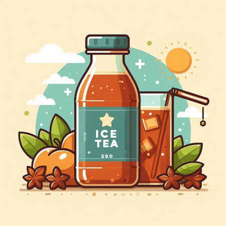 Bottle of orange juice and ice cubes. Flat vector illustration.のイラスト素材