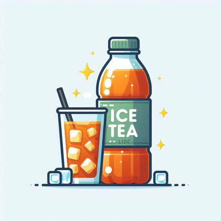 Vector illustration of a bottle of cool drink with ice cubes and a glass of juice.のイラスト素材