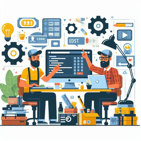 Engineer and technician working on computer. Vector illustration in flat styleのイラスト素材