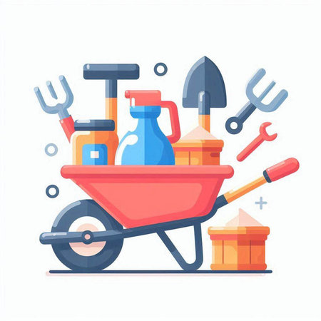 Garden tools set. Wheelbarrow, rake, shovel, watering can, wheelbarrow, rake. Vector illustration in flat styleのイラスト素材