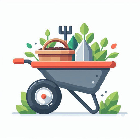 Wheelbarrow with garden tools. Gardening concept. Vector illustrationのイラスト素材