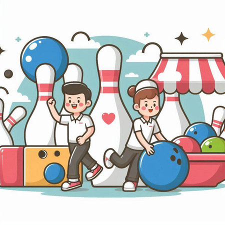 Man and woman playing bowling. Vector illustration of a couple playing bowling.のイラスト素材