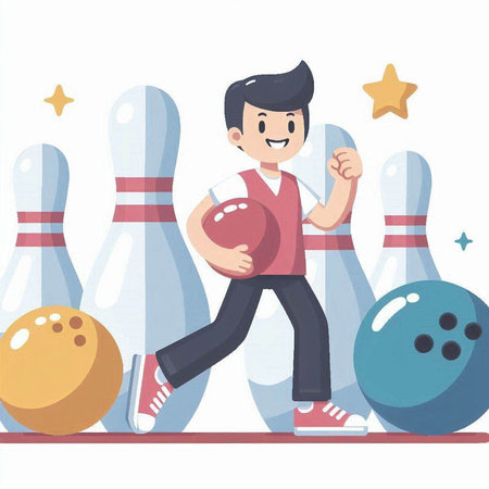 Vector illustration of a young man playing bowling. Flat style design.のイラスト素材