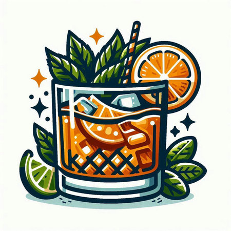 Cocktail with orange, lime and mint. Vector illustration.のイラスト素材