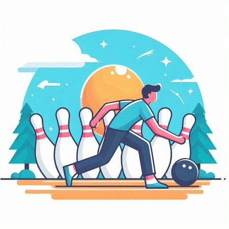 Young man playing bowling in the park. Vector illustration in flat styleのイラスト素材