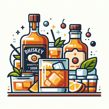 Alcoholic drinks collection. Vector illustration in line art style.のイラスト素材
