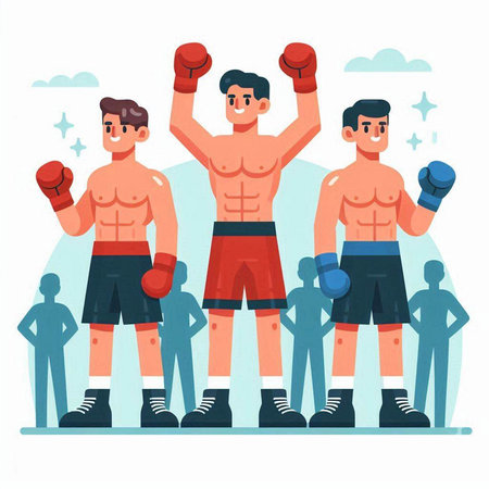 Boxing training vector illustration. Flat cartoon male boxer standing in front of group of people.のイラスト素材