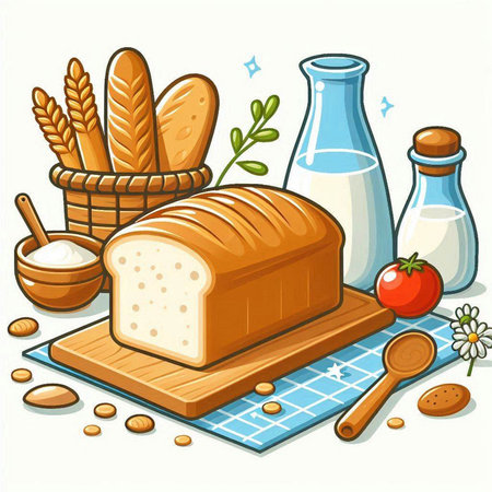 Illustration of a Bread and Ingredients on a Tablecloth - Vectorのイラスト素材