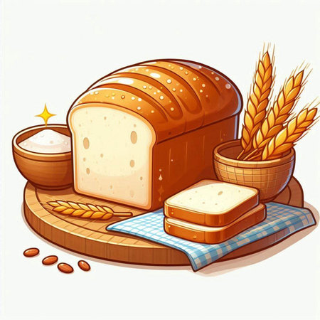 Illustration of a loaf of bread and wheat on a white backgroundのイラスト素材