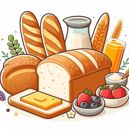 Illustration of a set of bread and other products on a white backgroundのイラスト素材