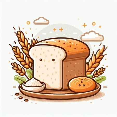 Illustration of a loaf of bread and wheat on a white backgroundのイラスト素材