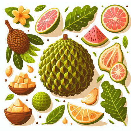 Set of exotic tropical fruits and leaves. Vector illustration in cartoon style.のイラスト素材