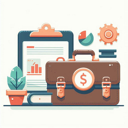Flat design modern vector illustration concept of business and finance. Briefcase with money and charts.のイラスト素材