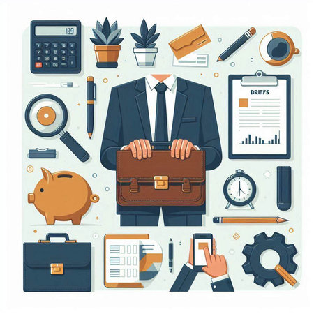 Businessman with briefcase and office supplies. Vector illustration in flat styleのイラスト素材