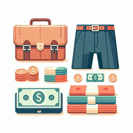 Shorts, cash and briefcase. Vector illustration in flat styleのイラスト素材