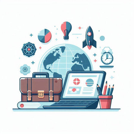 Laptop, briefcase, globe, rocket, pencils and other business iconsのイラスト素材