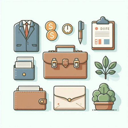 Business and office icons set with briefcase, briefcase, wallet, wallet, pen, documents, plant and other elements. Vector illustration.のイラスト素材