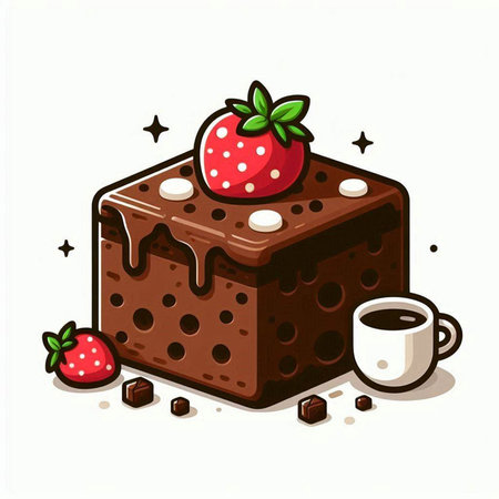 Chocolate cake with strawberry and cup of coffee. Vector illustration.のイラスト素材