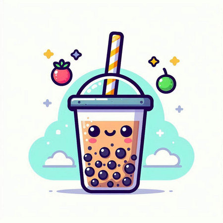 Funny cartoon bubble tea. Vector illustration of bubble tea in flat style.のイラスト素材