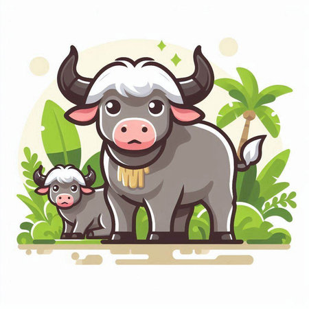 Vector illustration of cute cartoon buffalo with baby on the background of tropical plantsのイラスト素材