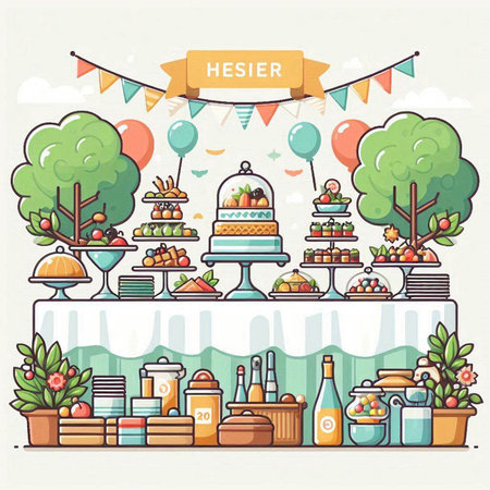Vector illustration of sweet buffet with desserts, candies, cupcakes, croissants and other desserts.のイラスト素材