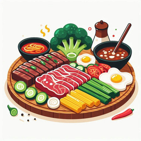 Vector illustration of japanese food. Sashimi, beef, vegetables, egg, noodle, chopsticks, soy sauce, ginger, pepper.のイラスト素材