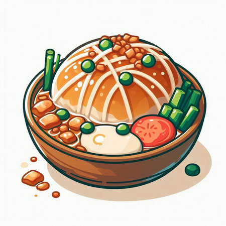 Illustration of a bowl of fried chicken with vegetables and eggs.のイラスト素材