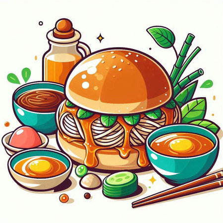Illustration of a hamburger with chopsticks, soy sauce, ginger and boiled eggのイラスト素材