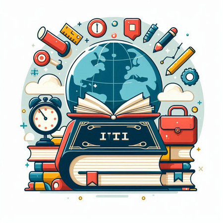 Vector illustration of a stack of books, globe and school supplies.のイラスト素材
