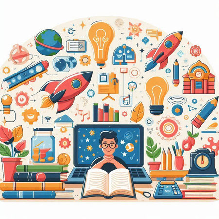 Vector illustration of education and learning concept with student, laptop, books, rocket.のイラスト素材
