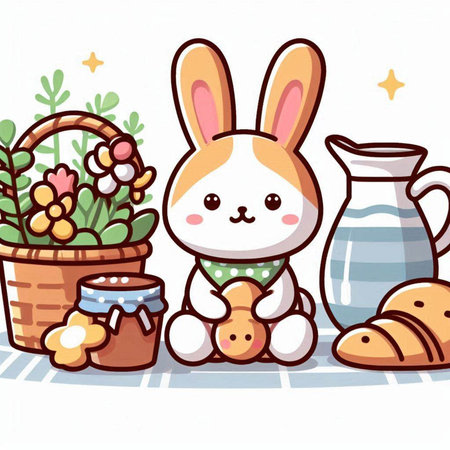 Cute cartoon bunny with basket of flowers, milk and croissantのイラスト素材