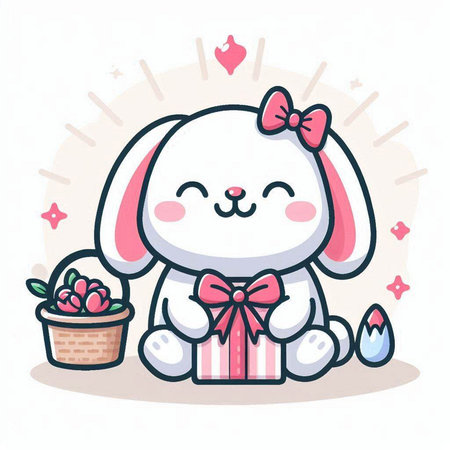 Cute bunny with a basket of flowers. Vector cartoon illustration.のイラスト素材