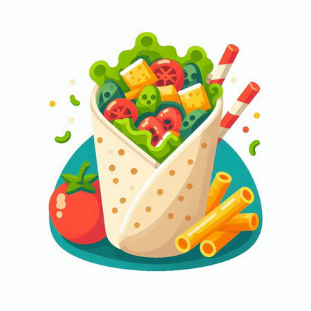 Vector illustration of a cute tortilla character with various vegetables and fruitsのイラスト素材