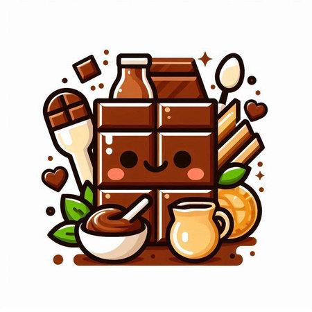 Vector illustration of chocolate bar cartoon character with milk, ice cream, caramel, sweet dessert.のイラスト素材